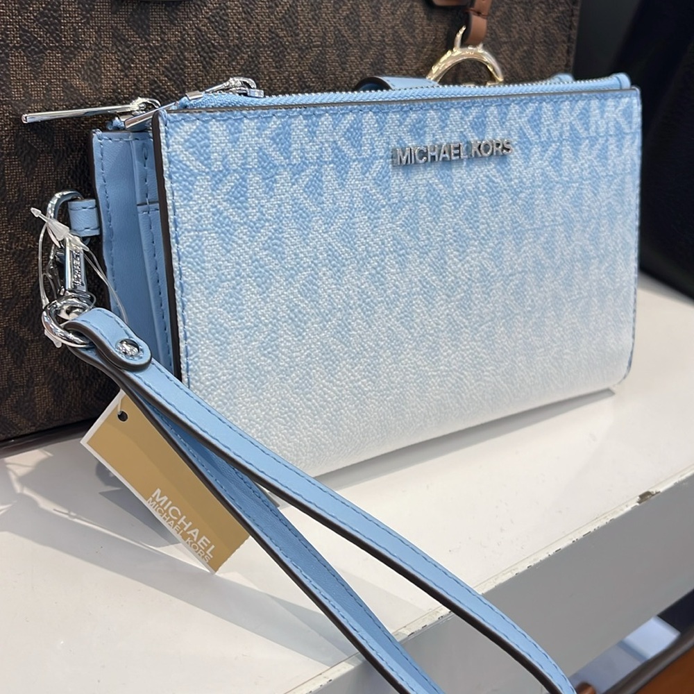 MICHAEL KORS Jet Set Lg Ombré Signature Logo Double Zip Wristlet Phone Holder - Picture 14 of 16